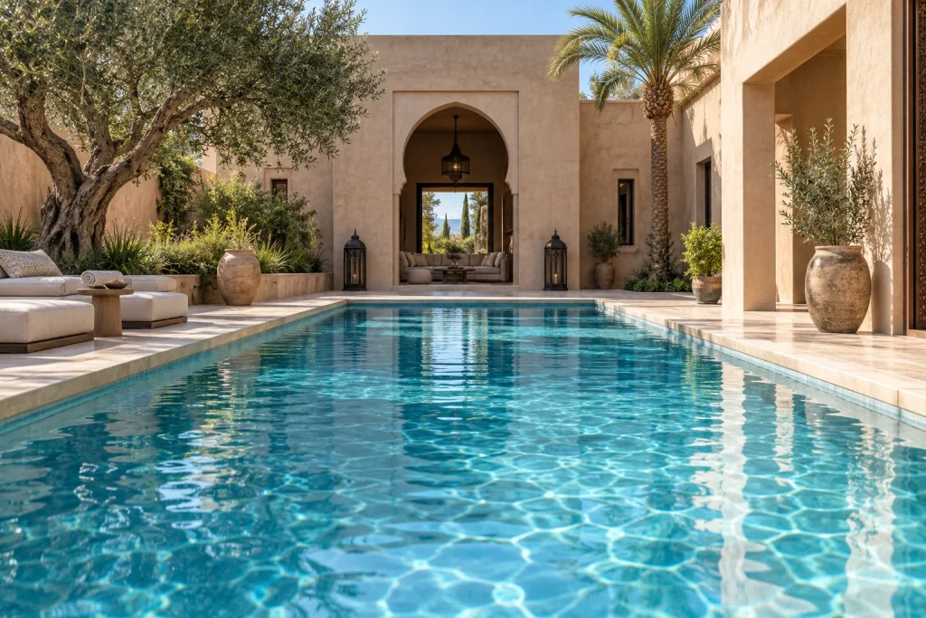 Illustration 3D d’une piscine dans une villa marocaine